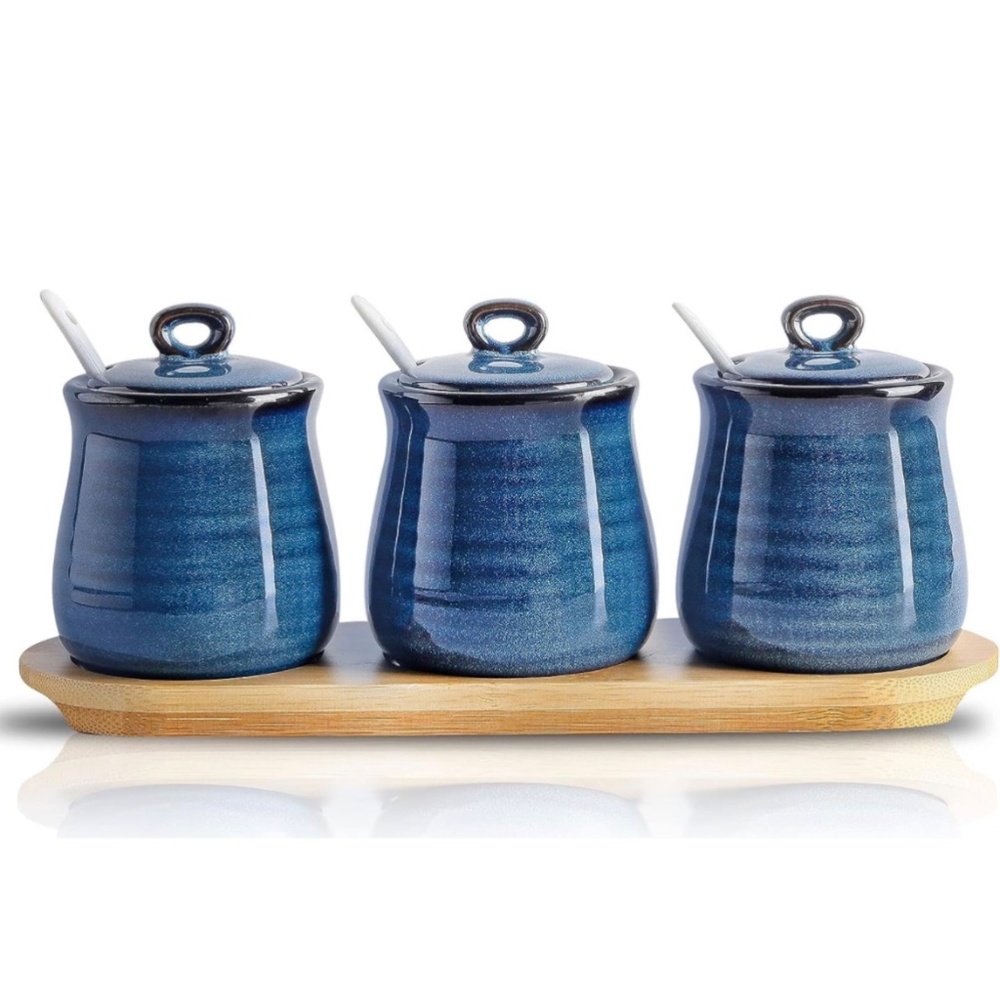 Hasense Porcelain Condiment 10oz Jar w/ Lid, Spoon and Bamboo Tray - Blue
